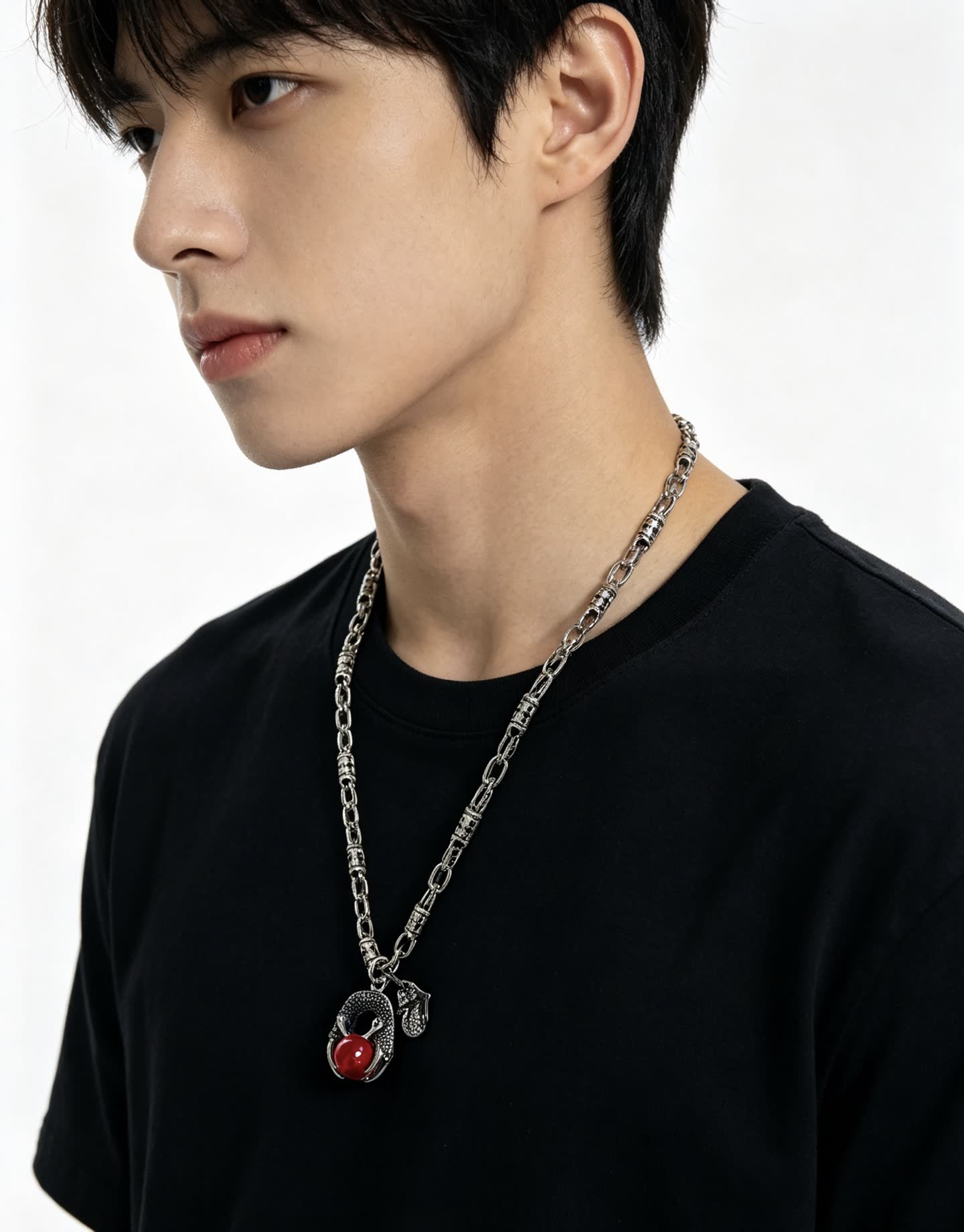 Chrome Hearts Silver Dragon Claw Necklace with Red Gemstone